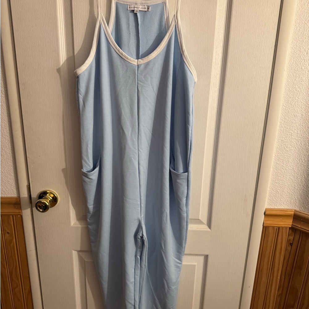 Sincerely Jules Light Blue Knit Jumpsuit with White Neckline